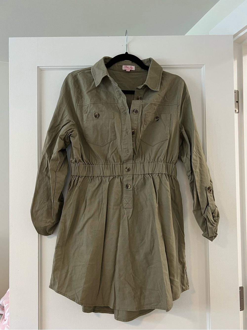 Pink Lily Olive Green Long Sleeve Shirt Dress